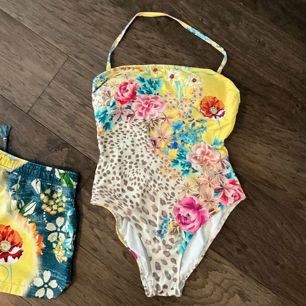 Johnny Was Floral Leopard Print Swimsuit and Shorts Set - Picture 2 of 7